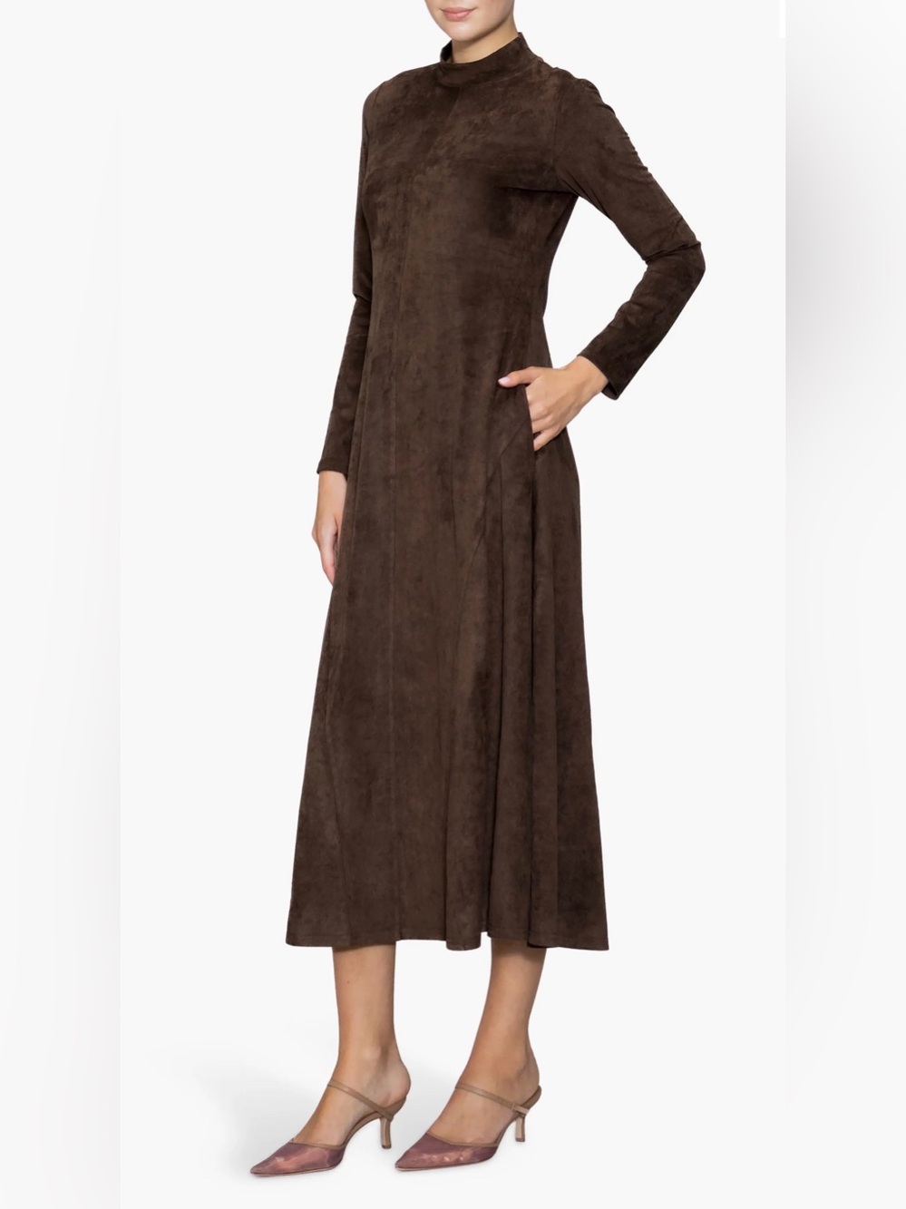 Long Sleeve Faux Suede A-Line Dress